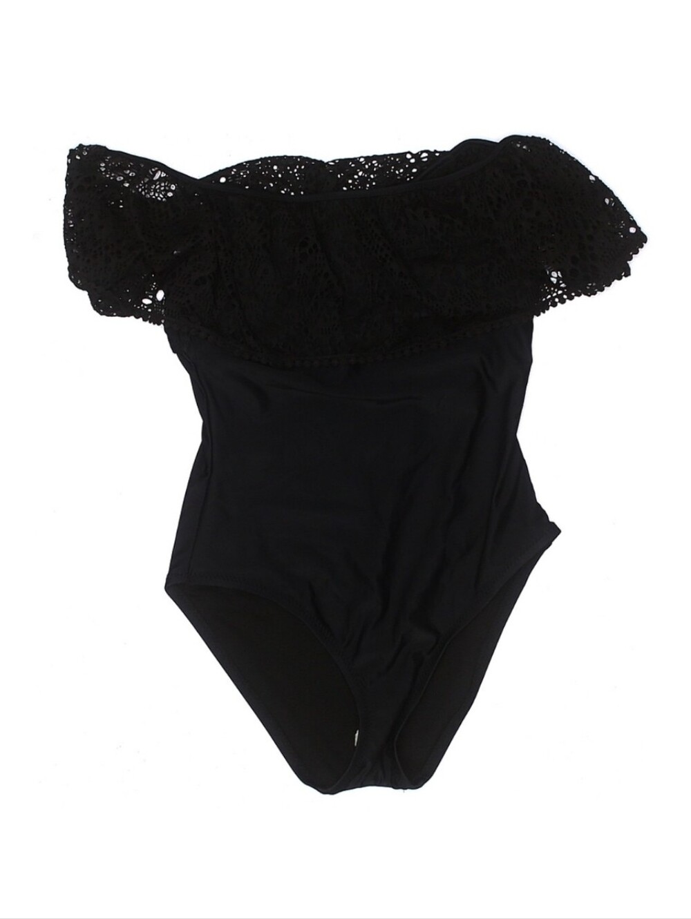 EUC Mossino Black Off-Shoulder Lace Ruffle One-Piece Swimsuit